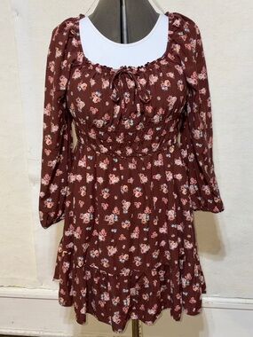 Celebrity Pink Brown Floral Long-Sleeve Smocked Dress